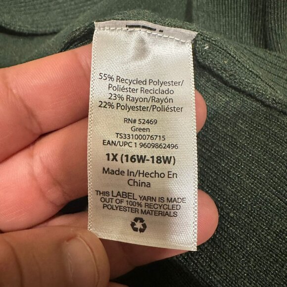 Terra & Sky 1X Plus Size Green Cardigan Sweater Lightweight Ribbed Knit - Picture 6 of 8